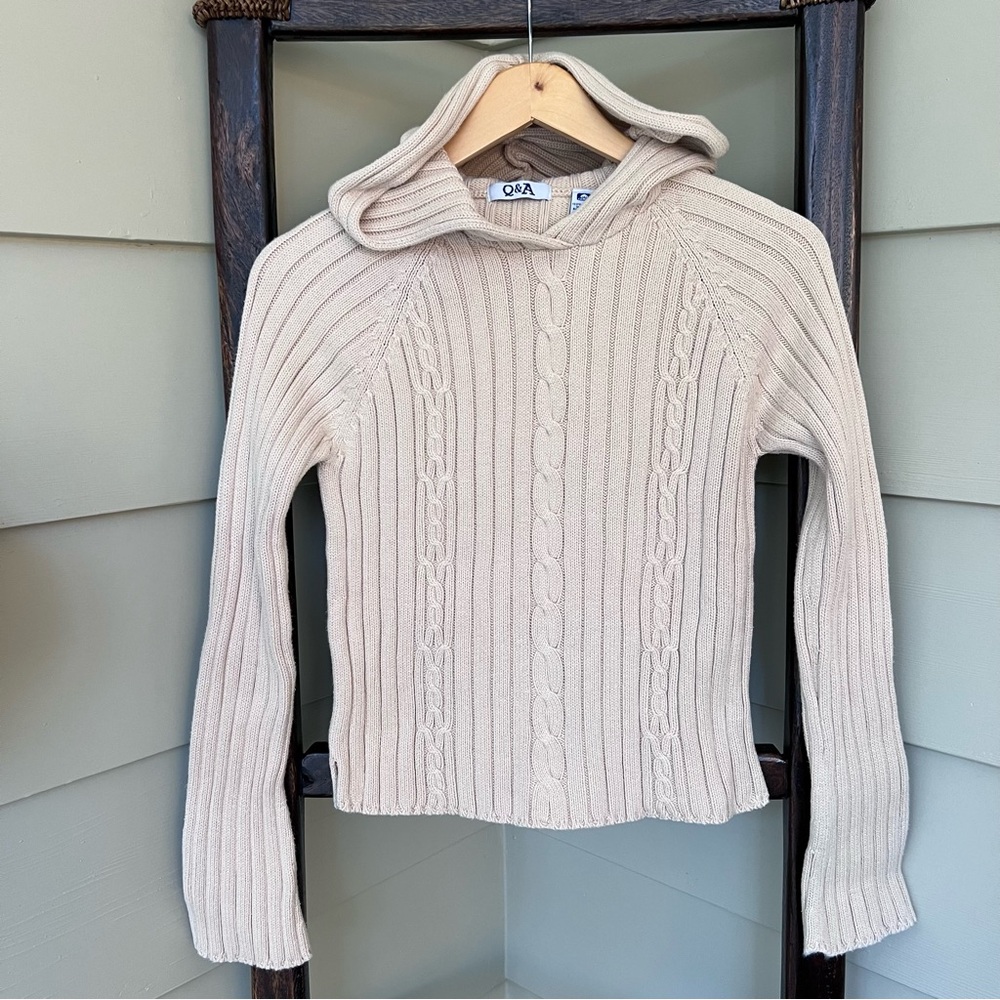 Q & A Chunky Cropped Cable Knit Sweater Hoodie Juniors Medium Y2K Neutral Tan